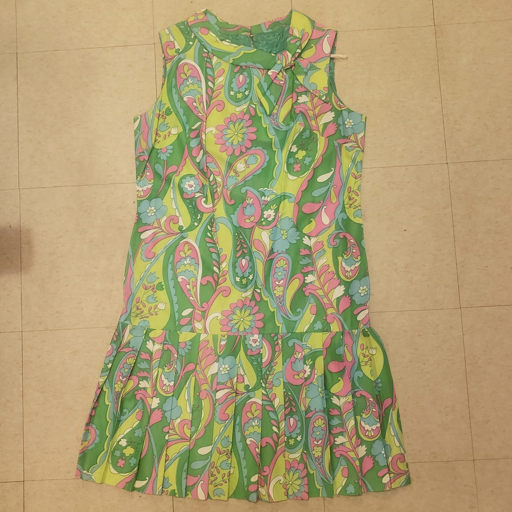 vintage 1960s psychedelic patterned drop waist sleeveless dress